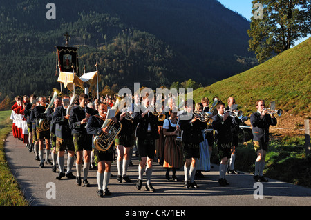 Marching band during the Thanksgiving procession in Ramsau, Upper Bavaria, Bavaria, Germany, Europe Stock Photo