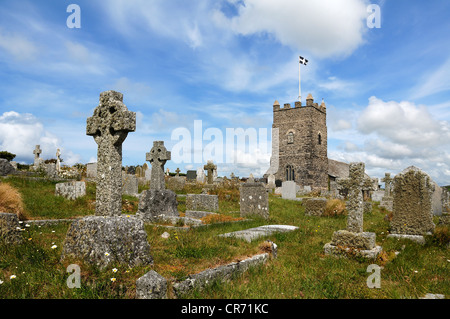 St. Symphorian's Church with a cemetery, church steeple built in 1750, Forrabury and Minster, Cornwall, England, United Kingdom
