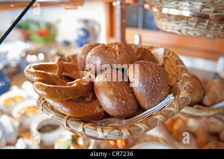 Germany, Pretzel and various special Bavarian pastries for breakfast buffet in hotel Stock Photo