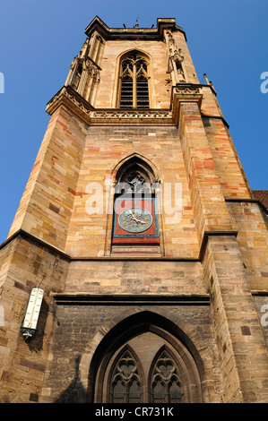 Clock on the tower, Collegiate St Martin's Church Église Saint-Martin, 22 Place de la Cathédrale, Colmar, Alsace, France, Europe Stock Photo