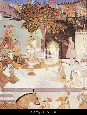 Shah Jahan, 5.1.1592 - 22.1.1666, Mughal Emperor of India 1627 - 1658, scene, Shah Jahan and his 5 sons visiting the hermit Pir Muhammad, miniature painting, india, 17th century, Art Gallery, Rawalpindi, Pakistan, Stock Photo