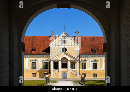 Entrance facade of Old Schleissheim Palace, 1617 - 1623, seen through an archway, Maximilianshof courtyard, Oberschleissheim Stock Photo