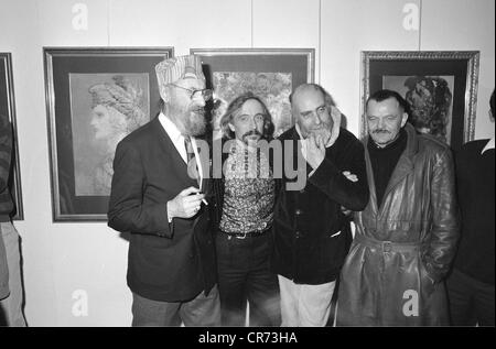 Hundertwasser, Friedensreich, 15.12.1928 - 19.2.2000, Austrian artist (painter), half length, with Ernst Fuchs, Arik Brauer, Alfred Hrdlicka, in the German TV show 'Heute abend', 29.9.1988, Stock Photo