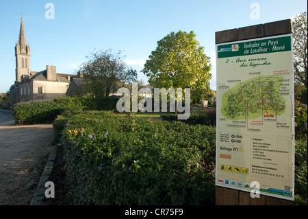 France, Cotes d'Armor, Gomene and sign board indicating the walks and footpaths in the local region of Loudeac Mene Stock Photo
