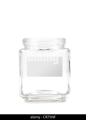 An empty jar with a blank labelisolated against a white background Stock Photo