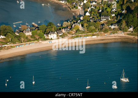 France, Morbihan, Gulf of Morbihan, ile aux Moines (Moines' Island), Grande Plage and harbour (aerial view) Stock Photo