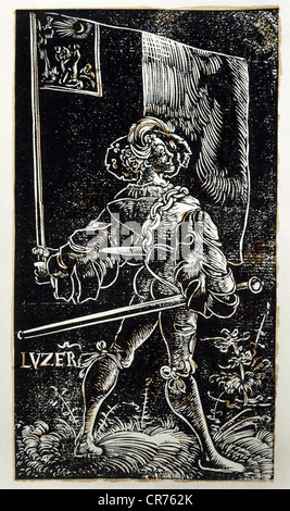 Graf, Urs, circa 1485 - 1528, Swiss drawer and engraver, full length, as banneret of Lucerne, woodcut, early 16th century, , Stock Photo