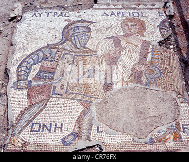 Mosaic of the Gladiator Lytras in the house of the Gladiators, Kourion, Cyprus. Stock Photo