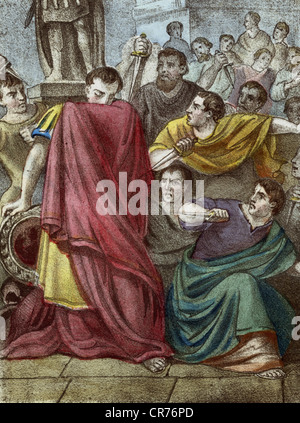 The death of Caius Julius Caesar, Roman emperor, strategist and writer, killed at the 15. 3. 44 before Christ, coloured copperplate engraving from:'Historische Bilder'(historical pictures), aacounts about well known events and men, arranged by Dr. F. Orelli, publishing house August Riese, Berlin, circa 1850, Artist's Copyright has not to be cleared