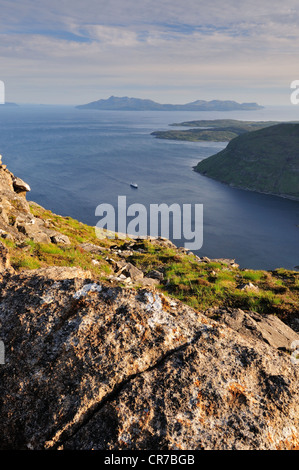 View from the summit of Sgurr na Stri on the Isle of Skye over Loch Scavaig towards the island of Rum, Scotland Stock Photo