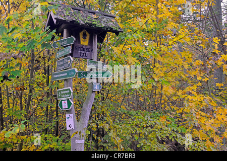 Sign post on the hiking trail, Maerkische Schweiz Nature Park, Buckow, Brandenburg, Germany, Europe Stock Photo
