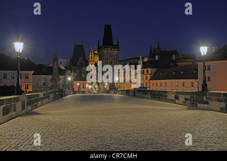 Night shot from Charles Bridge towards the Malá Strana district, Prague, Bohemia, Czech Republic, Europe Stock Photo