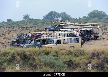 Safari jeeps on the Mara River with tourists waiting for the wildebeest migration, Masai Mara, Kenya, East Africa, Africa Stock Photo