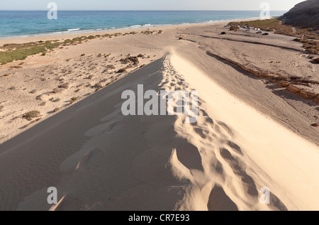 Footprints on a sand dune on the Playa de Sotavento, Leeward Beach, Fuerteventura, Canary Islands, Spain, Europe Stock Photo