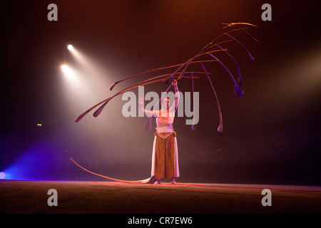 Balancing act where the Swiss performer Rigolo uses 13 palm branches to create a light suspended sculpture Stock Photo