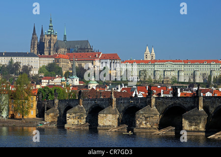 View across Vltava River to Charles Bridge and St. Vitus Cathedral, Mala Strana, Prague, Bohemia, Czech Republic, Europe Stock Photo