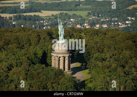 Aerial view, Hermannsdenkmal, Hermann monument, in the Teutoburg Forest, Ostwestfalen-Lippe, eastern Westphalia Stock Photo
