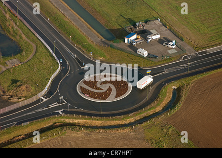 Aerial view, roundabout Edisonstrasse street, Boehnen commercial zone, near Autobahn A2, motorway, Ruhr Area Stock Photo