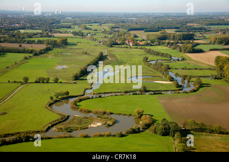 Aerial few, Lippe river floodplains, LifeProjekt, land reclamation, meandering Lippe river, Ahlen, Ruhr Area Stock Photo