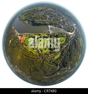 Aerial view, fisheye shot, golf course at Baldeneysee or Lake Baldeney, Ruhr river, Essen-Werden, Essen, Ruhr Area Stock Photo
