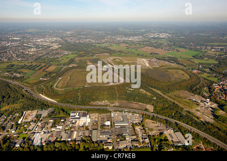 Aerial view, Walsum slag heaps, city boardering Dinslaken, Duisburg, Ruhr Area, North Rhine-Westphalia, Germany, Europe Stock Photo