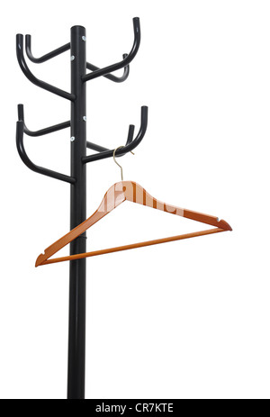Black coat rack with empty coat hanger isolated on white Stock Photo