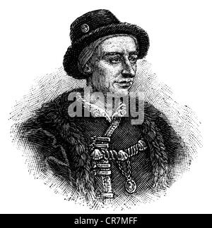 Louis XI 'the prudent', 3.7.1423 - 30.8.1483, King of France 22.7.1461 - 30.8.1483, portrait, wood engraving, 19th century, Stock Photo