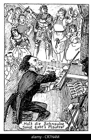 Wagner, Richard, 22.5.1813 - 13.2.1883, German composer, conducting a rehearsal of the Mastersingers of Nuremberg, caricature, wood engraving, Vienna, 1870, Stock Photo