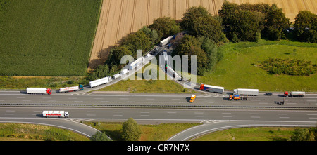 Aerial view, traffic backed up due to an accident resulting in closure of the highway, traffic leaving the exit Hamm via the Stock Photo