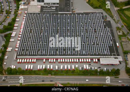 Aerial view, roof with solar panels, Ostermann discount furniture store, trucks and delivery vans, logistics centre, Annen Stock Photo
