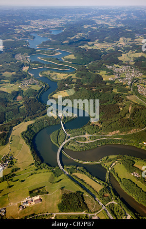 Aerial view, Bigge Reservoir, Biggetal Dam, expressway, Kreis Olpe district, Sauerland, North Rhine-Westphalia, Germany, Europe Stock Photo