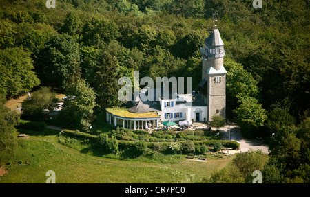 Aerial view, Danzturm observation tower, monument and landmark on the Froendenberg hill in the city forest, Iserlohn Stock Photo