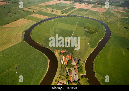 Aerial view, Aller river loop, farm, Aller, farmland, floodplain, Frankenfeld, Lower Saxony, Germany, Europe Stock Photo