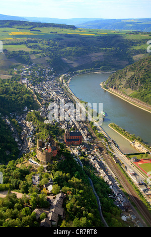 Aerial view, Burghotel Auf Schoenburg Hotel, castle, Rhine River, Sankt Goar-Oberwesel, Rhineland-Palatinate, Germany, Europe Stock Photo