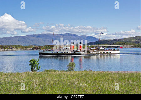 The World's last seagoing paddle steamer Waverley is approaching the Skye Road Bridge linking the Scottish mainland with Skye Stock Photo