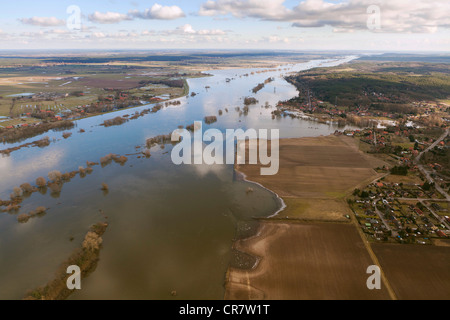 Aerial view, Neu Darchau, Elbe River, Elbe Valley Nature Park, winter floods, Lower Saxony, Germany, Europe Stock Photo