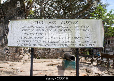 Sign at the entrance to the Casa de Cortez in La Antigua, Veracruz, Mexico Stock Photo