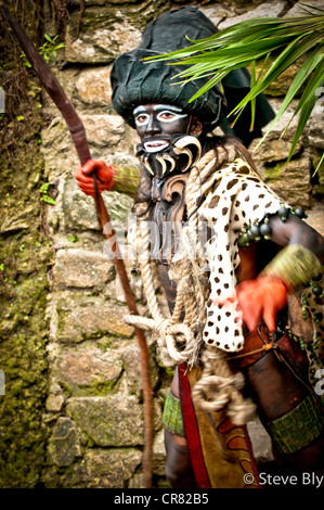 A Maya Actor/Dancer Ek Chuah (Lord of Caco) performing a mayan ritual at Xcaret Park, Riviera Maya,  Mexico Stock Photo