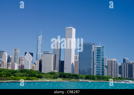 Illinois, Chicago. Downtown city skyline view of Chicago from Lake Michigan, including Grant Park and the Magnificent Mile. Stock Photo