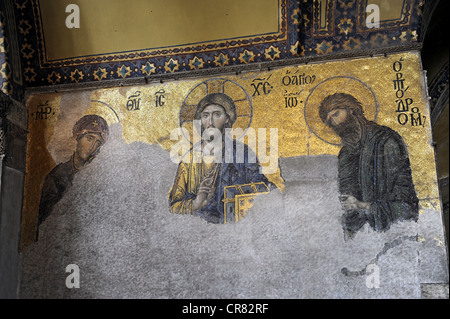 Deesis Mosaic, Virgin Mary, Jesus Christ Pantocrator, St. John the Baptist, from left, Hagia Sophia, Ayasofya, Istanbul, Turkey Stock Photo
