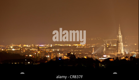 View of Ulm and Ulm Minster, at night, Baden-Wuerttemberg, Germany, Europe