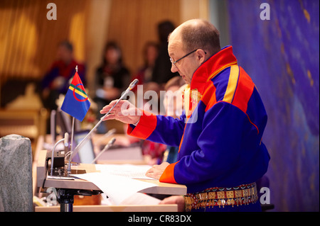 Norway, Finnmark County, Karasjok, Sami Parliament, the Sametinget, 2009 new assembly plenary session with new president Stock Photo