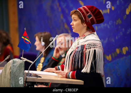 Norway, Finnmark County, Karasjok, Sami Parliament, the Sametinget, 2009 new assembly plenary session with new president Stock Photo