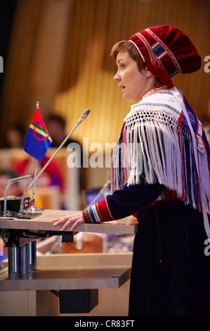 Norway, Finnmark County, Karasjok, Sami Parliament, the Sametinget, 2009 new assembly plenary session with new president Stock Photo