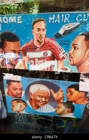 South Africa, Western Cape, Cape Town, a barber's sign representing the French football player Frank Ribery and Nelson Mandela Stock Photo