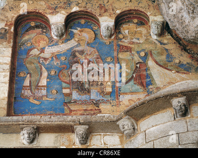 France, Lot, Rocamadour, fresco depicting the Annunciation and the Visitation on St Michel chapel Stock Photo