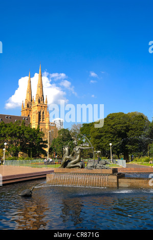 Hyde Park, Archibald Fountain and St Mary's Cathedral, Sydney, New South Wales, Australia Stock Photo