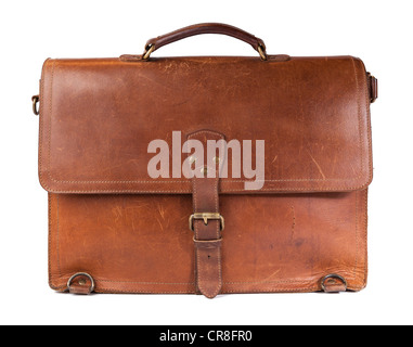 Brown Vintage leather briefcase with strap and brass buckle, clipping path included Stock Photo