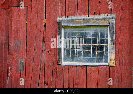 Dirty window on the side of a red barn Stock Photo