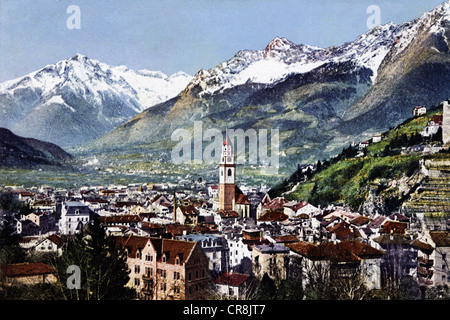 Spa town of Meran, Merano with mountain panorama, South Tyrol, Italy, historical postcard, circa 1900 Stock Photo